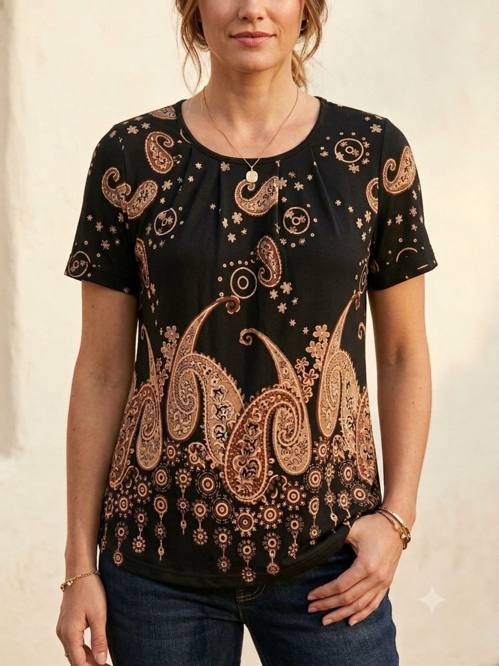 Bohemian Paisley-Print Short Sleeve Tee with Copper Motif Size S/M WS 217
